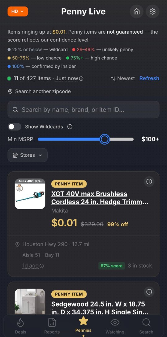 Penny Live app screen showing Home Depot items ringing up at $0.01 with confidence scores